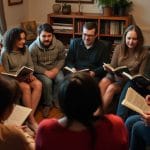 People sharing stories in a cozy room