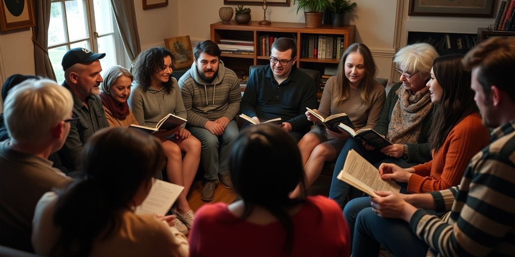 People sharing stories in a cozy room