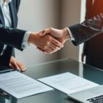 Business professionals shaking hands in successful negotiation.