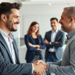 Businessperson shaking hands in office with colleagues