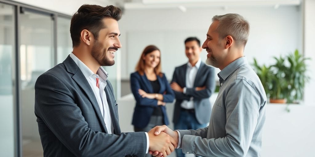 Businessperson shaking hands in office with colleagues