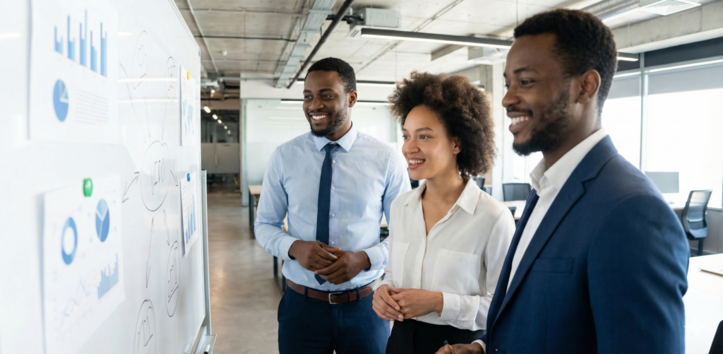 Diverse Team Collaborating Whiteboard Success
